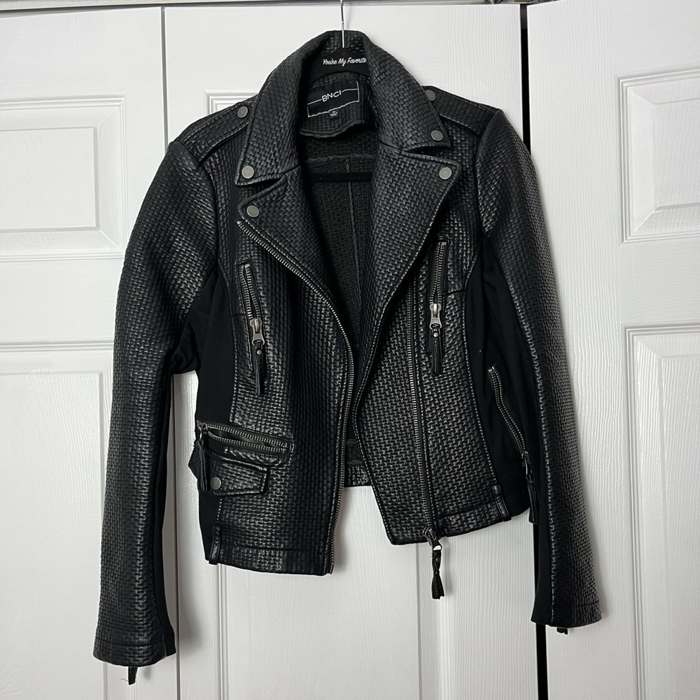 BNCI black faux leather Moto jacket, woven, stretch paneling, black, size medium
